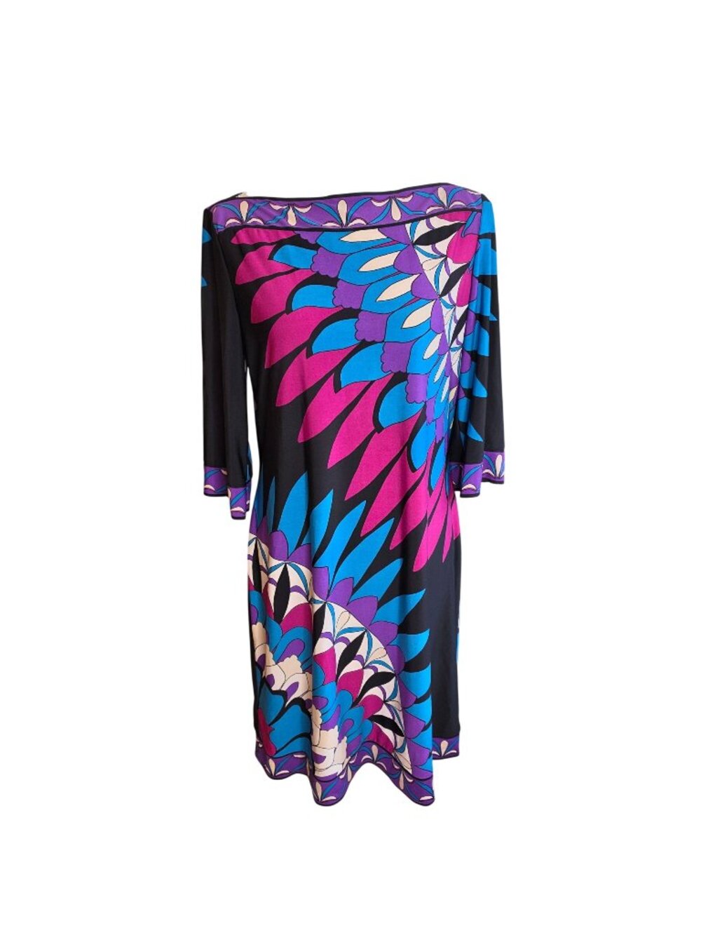 Donna Morgan Blue Pink Abstract Feather Print 3/4 Sleeve Shift Dress Boho Sz L